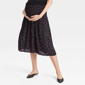 The Nines by HATCH Pink And Black Floral Smocked Midi Skirt